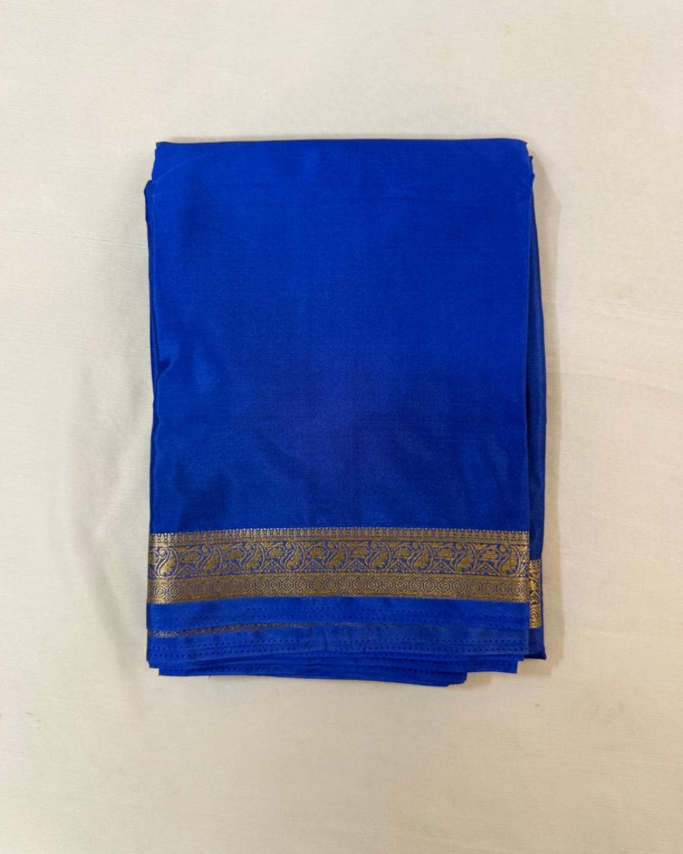 Blue saree with a gold border on a beige background