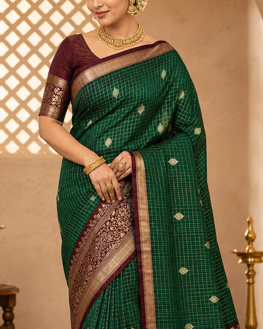Woman wearing a green saree with gold border indoors