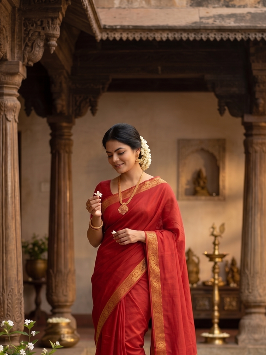 Woman in a red saree standing in a temple setting